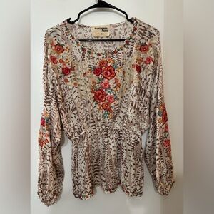 Savanna Jane Long Sleeve Embroidered Floral Boho Peasant Blouse Size Small